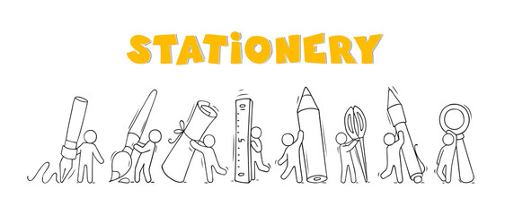 Office supplies set with working little people.