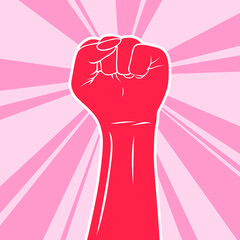 Feminism logo symbol. Illustration of monotone hand with white outline on bright pink rays in background. Raised feminist fist into air. Depicting girl and women pride, protest, freedom, strengh.