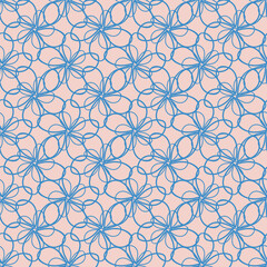 Vector abstract flower wall seamless vector pattern background. Pink backdrop of blue overlapping outline florals in dense scribble mesh weave effect. Botanical textural all over print for packaging