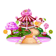 Sweet house on candy land. Fairytale house surrounded by sweets, candies and fruits. Pink river and a sweet bridge. Vector illustration on a white background.
