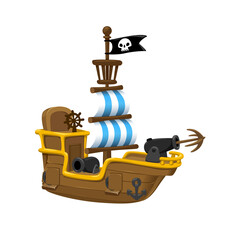 set of toy pirate wooden ship with pirate flag, gun, sail, steering-wheel