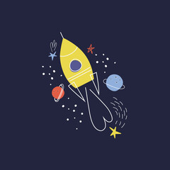 Rocket in space. Cute Hand drawing illustration, Rocket with planets and stars. Children textile, t-shirt print. Vector illustration