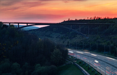 Fototapeta na wymiar Scammonden Bridge over the M62 motorway at twilight. 
