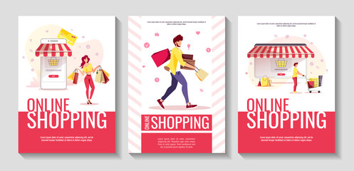 People with purchases and devices with striped awnings on the background. Set of flyers for E-commerce, Mobile app, Marketing, Online Shopping, Store.  A4 vector illustrations.