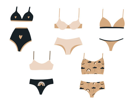 Collection of stylish women s lingerie, isolated on white background. Set of fashionable underwear or bikini tops and bottoms. Flat cartoon colorful vector illustration.