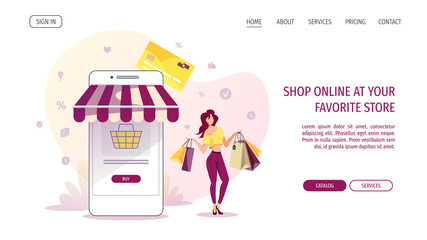 Website design template for E-commerce, Mobile app, Marketing, Online Shopping, Store. Woman with purchases and smartphone with striped awnings. Vector illustration.