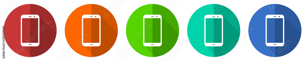 Poster smartphone icon set, red, blue, green and orange flat design web buttons isolated on white backgroun