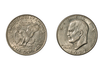 United States Eisenhower dollar of 1972. Obverse: Dwight D. Eisenhower. Reverse: Eagle clutching olive branch landing on moon. Isolated on white
