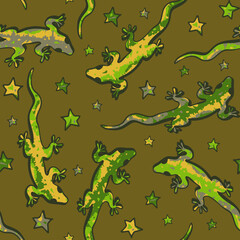 Seamless vector pattern with lizards and stars on brown background. Cute animal wallpaper design with geckos. 