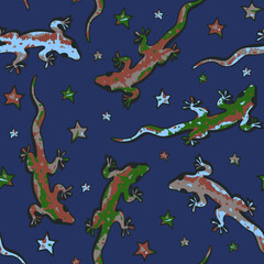 Seamless vector pattern with colourful geckos on blue background. Artistic animal wallpaper design with lizards and stars. Cute fashion textile for children.