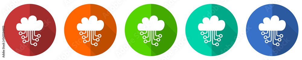 Poster cloud computing icon set, technology, circuit, data, red, blue, green and orange flat design web but