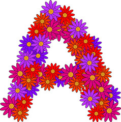 Flower font. The letter A. Many colored flower heads. Inflorescence. Bright petals. Purple, pink, red, orange. Romantic summer lettering