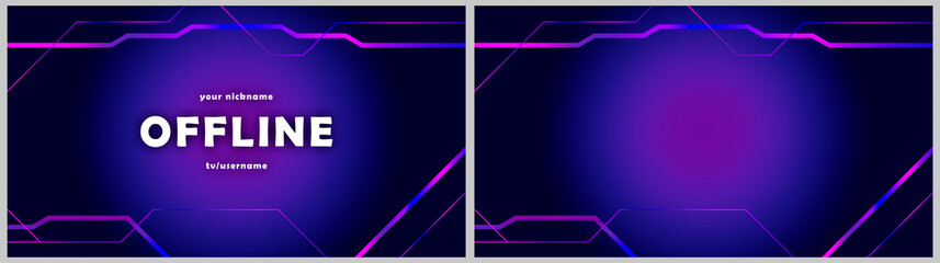 Currently offline twitch overlay background 16:9 for stream. Offline purple-blue background with gradient lines. Screensaver for offline streamer broadcast. Gaming offline overlays screen. - obrazy, fototapety, plakaty