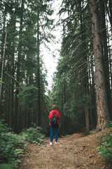 Obraz premium Vertical full-length photo, back view on tourist girl in a red jacket, with a backpack in the mountain forest. A hiker woman wearing a red raincoat is among the tall trees in the woods. Copyspace.