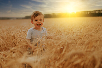 portrait of a smiling blond boy having fun in a wheat field under a sunset