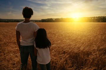 mother and daughter from behind watching a sunset in a wheat field