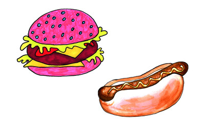 Pink burger and hot dog, food illustration. Hand drawn marker fast food isolated on white backround. Delicious food