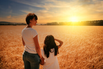 mother and daughter from behind watching a sunset in a wheat field