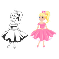 Beautiful princess in a crown and a puffy dress and outlined picture for coloring book on white background. Cute little fairy girl. Vector illustration.