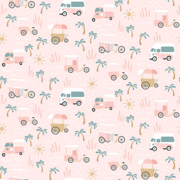 Ice Cream Truck Van Palms Summer Retro Vintage Seamless Pattern