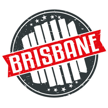 Brisbane Australia Round Travel Stamp. Icon Skyline City Design. Seal Tourism Ribbon.