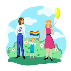 Lesbian couple with a child are walking with a rainbow flag. Gay parade in support of the LGBT community. Pride symbol. Family of queer people. Stock vector flat modern illustration isolated.