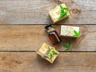 Natural handmade soap bars with cannabis. Spa organic soap. Bars of homemade soap.