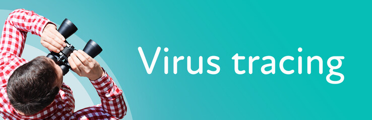 Virus tracing (Coronavirus). Businessman (man) looks through binoculars. Birds eye view. Focus on...