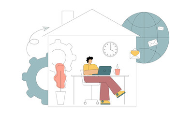 Work from home online, freelancer man working on a laptop, self-isolation. Vector illustration white background.