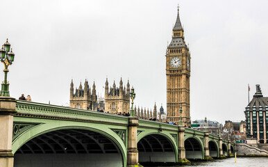 Big Ben known as Elizabeth Tower and Westminster Bridge in London