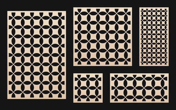 Laser cut pattern collection. Vector stencil with abstract geometric pattern, grid ornament in oriental style. Template for laser cutting, wooden panel, metal, engraving. Aspect ratio 1:1, 1:2, 3:2