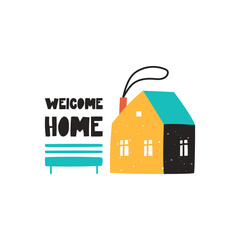 Illustration of a cartoon house and bench with the words welcome home . Flat vector illustration, logo, sticker, print.