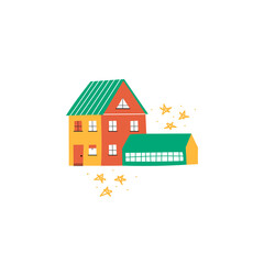 Cute cartoon house with a barn. Flat vector illustration, logo, sticker, poster