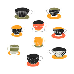 Set of fun cups with different patterns. Coffee and tea cups. Vector illustration of ceramic, porcelain, clay cups-isolated on a white background