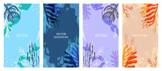 Vector set of backgrounds with Copy space for text - bright banners, posters, cover design templates, social media stories Wallpaper with various sea plants