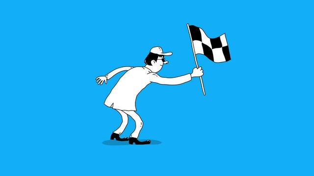 Man cartoon style holding and waving Checkered race flag at finish line on a raceway. Victory, achievement, success and sport concept.