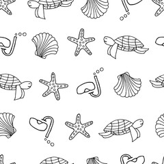 Seamless underwater pattern design in vector on white background. Hand drawn seamless underwater pattern design