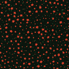 Obraz premium Vector seamless pattern with small pretty red flowers and tiny green leaves on black backdrop. Liberty style millefleurs. Simple floral background. Elegant ditsy ornament. Repeat design for wallpapers