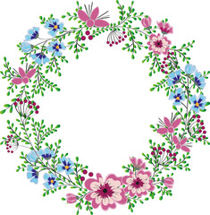 Beautiful floral wreath, frame with green leaves. Elegant vintage floral collection with blue and pink flowers isolated on white background. Natural design for invitation, wedding or greeting card.