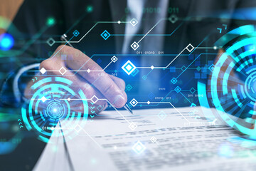Businessman in suit signs contract. Double exposure with technology illustration hologram. New...