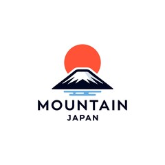 fuji mountain logo illustration with sun icin design in trendy badge style