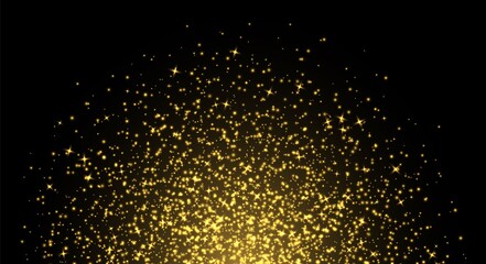 Golden sparkles, abstract luminous particles, yellow stardust on a dark background. Flying Christmas glares and sparks. Luxury backdrop. Vector illustration.
