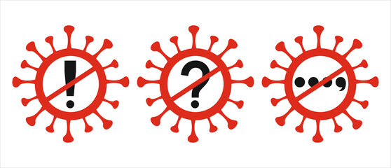 The logo of the coronavirus in the form of a prohibition sign. Exclamation mark, question mark, three dots and commas.
