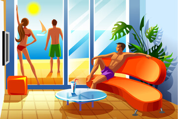 illustration of rest of young people by the sea in the hotel