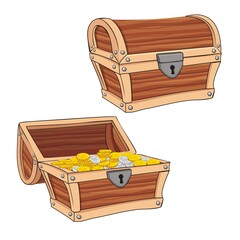 Wooden Chest set for game interface, closed and opened with golden coins
