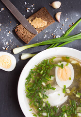 Homemade cold soup with green onion, sorrel, boiled egg on stone background.