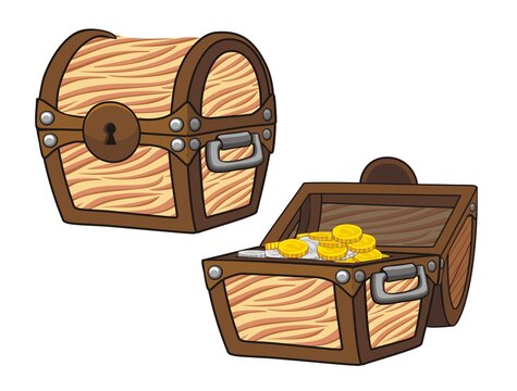Wooden Chest set for game interface, closed and opened with golden coins