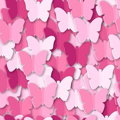 Pink butterflies seamless pattern. Valentine, 8 March, Happy Women’s day, Mother’s Day. Paper cut out art craft style. Creative holiday invitation poster, card. Vector illustration