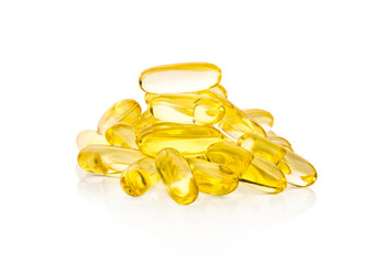 Omega 3 fish oil capsules isolated on a white background