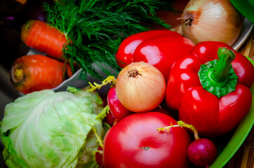 vegetables ripe red tomato sweet pepper dill onion radish orange carrot cucumber white cabbage closeup top view